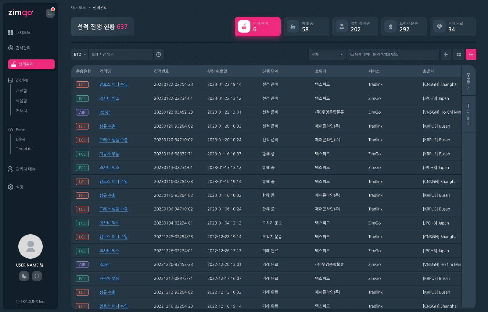 ZimGo 선적관리 페이지